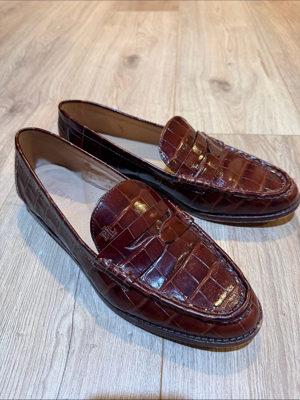 Ralph Lauren Burgundy Croc-Embossed Leather Penny Loafers